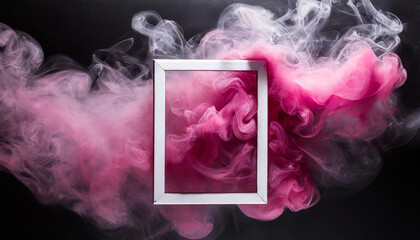 Motion explosion pink smoke with white frame on black background. Fluid splash vapor cloud