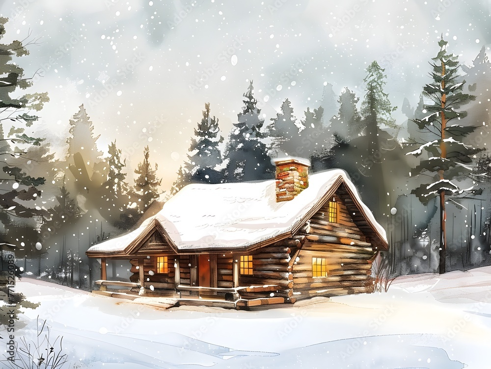 Poster cozy snow covered log cabin in serene woodland winter landscape inviting holiday retreat surrounded 