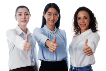 Smiling Asian, Caucasian and African American businesswomen are colleagues and call center or secretary operator are thumbs up together