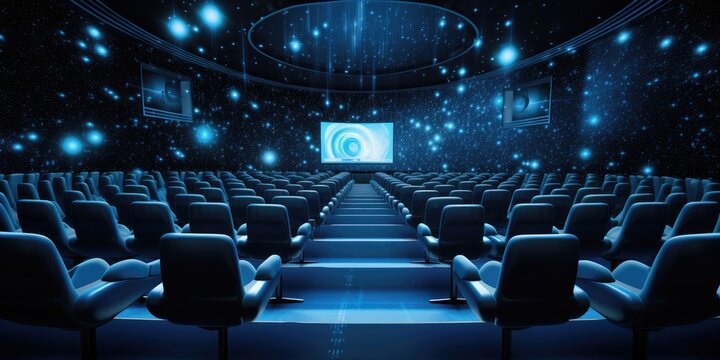 The cinema interior is adorned with rows of seats facing a pristine white screen, inviting patrons to immerse themselves in the magic of the movies.