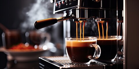 Rich espresso cascades from the coffee machine, a mesmerizing sight of aromatic delight. - obrazy, fototapety, plakaty