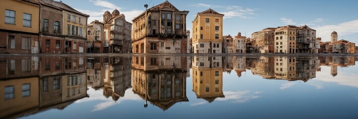 Fototapeta na wymiar Reflected flooded buildings in the water