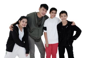 Asian young professional dancer and teacher is posting with students in hip hop and break dancing in dance class