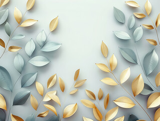 3d paper art of golden and silver leaves on white background, minimalistic style, gold foil line drawing, light green and dark beige, minimalist backgrounds