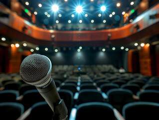A single microphone on a stand is highlighted by a spotlight against a blurred background of an...