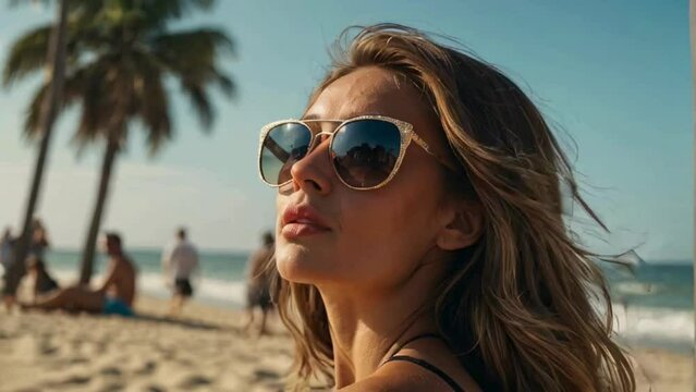 beautiful woman wearing bikini and sunglasses on the sunny beach