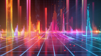 Fototapeta premium A 3D bar graph showing a dramatic rise in data points, emerging from a digital grid floor with glowing lines