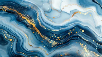 Fotobehang A blue and gold marble pattern with fluid lines, white background, and liquid textures in the style of fluid lines, photographic style © DJSPIDA FOTO