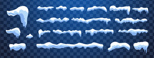 Snow 3d vector realistic set. Snowdrifts and icicles, winter. Christmas decorations