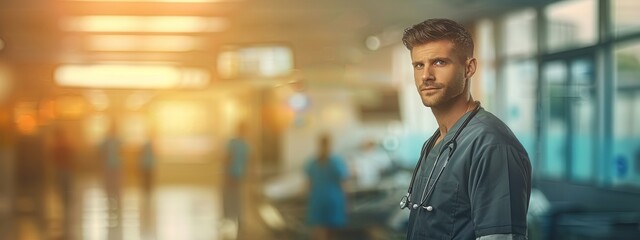 Doctor man with stethoscope in hospital. Medical doctor ER, surgeon and anesthetist on medical clinic room background for emergency in hospital's hospitality concept. - obrazy, fototapety, plakaty