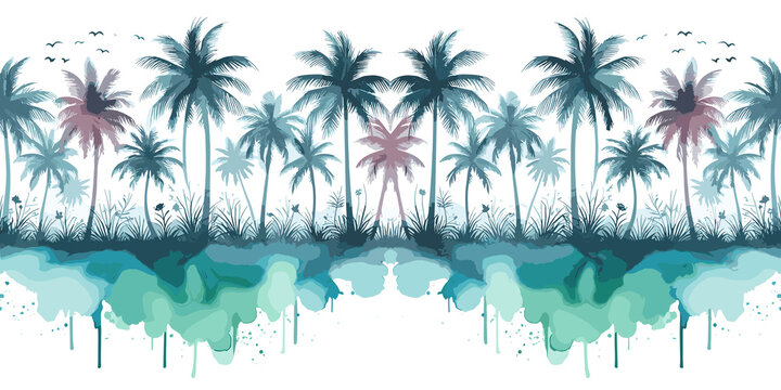 Silhouette of palm trees with watercolor splashes, tropical summer banner, Vector illustration, generative ai