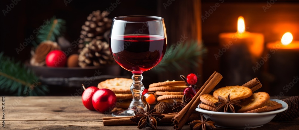 Wall mural A wine glass is elegantly placed on a wooden table surrounded by candles and cookies, creating a cozy ambiance for a relaxing evening