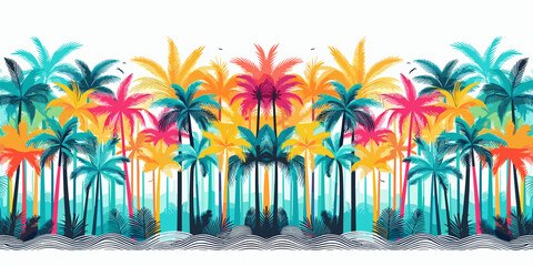 Seamless tropical pattern with palm trees and sea, colorful summer Hawaii background, Vector, generative ai - obrazy, fototapety, plakaty
