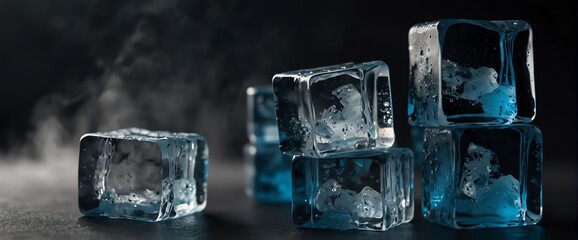 Blocks of ice cubes on plain dark colorful background with fog and smoke mist cold from Generative AI