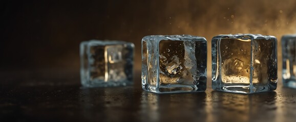 Blocks of ice cubes on plain dark gold background with fog and smoke mist cold from Generative AI