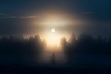Scenic foggy landscape with tree silhouettes against the shining sun. Norway.