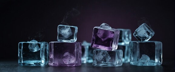 Blocks of ice cubes on plain dark purple background with fog and smoke mist cold from Generative AI