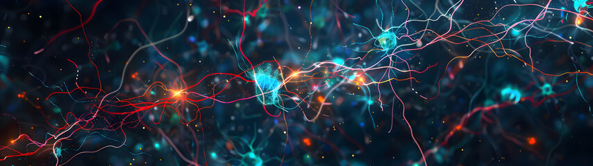 Vibrant neurons transmitting electrical impulses Luminescent neural fibres, brain tissue textures - obrazy, fototapety, plakaty