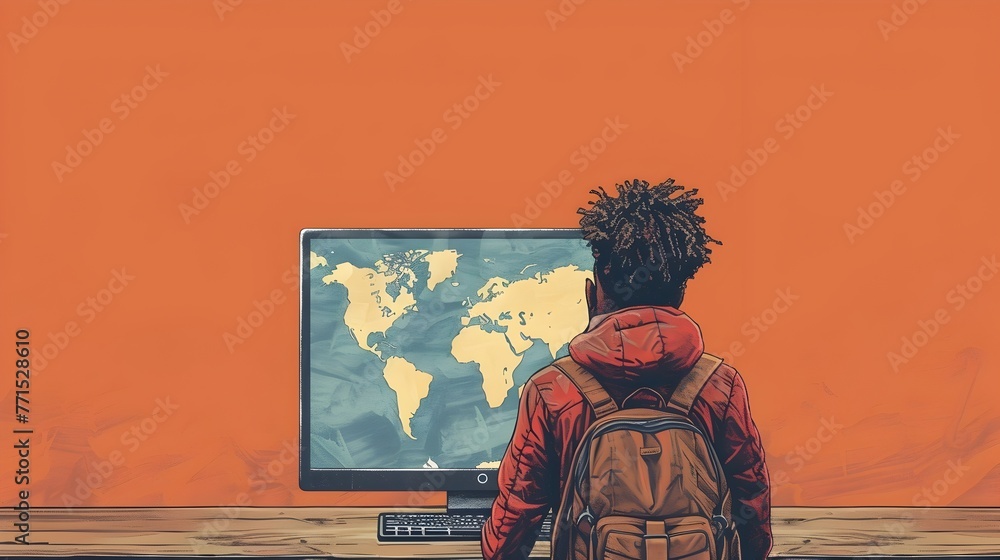 Poster student participating in virtual global exchange program with hand drawn and copy space