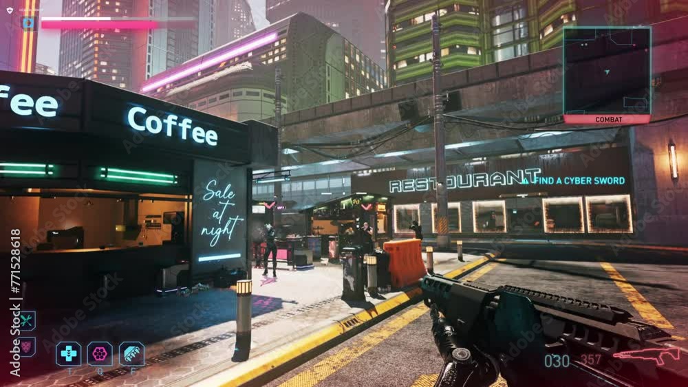 Poster using assault rifle weapon to eliminate opponents in fun shooter game. having fun playing futuristic