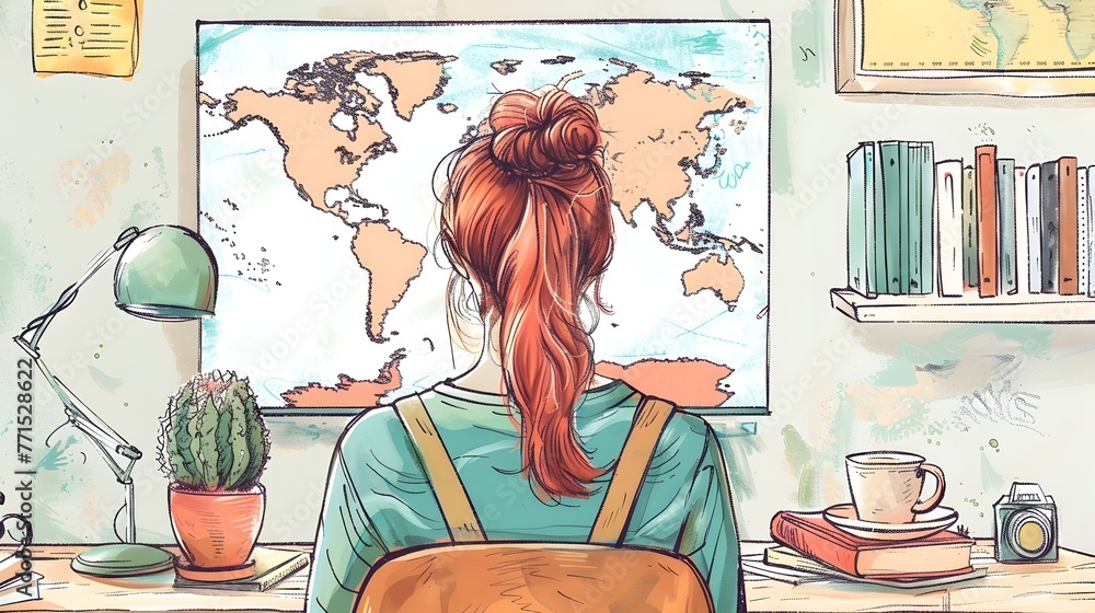 Poster student participating in a virtual exchange program for global classrooms with hand drawn and copy s