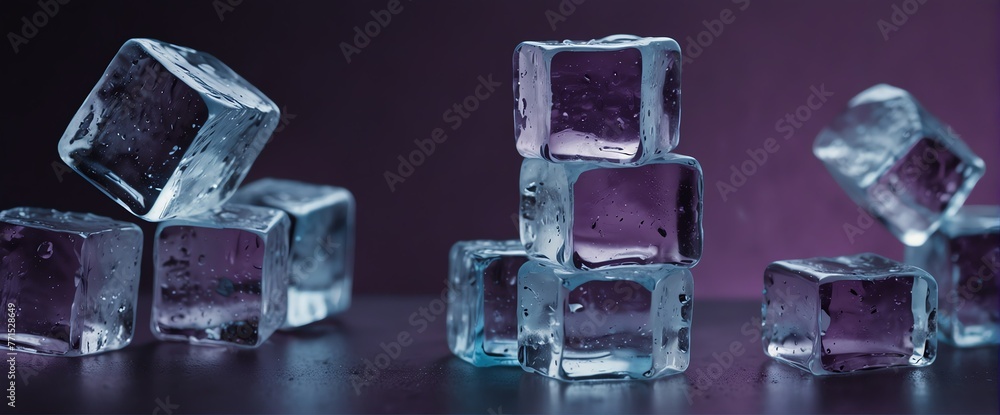 Poster blocks of ice cubes on plain purple bright pastel background with fog and smoke mist cold from gener