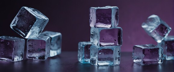 Blocks of ice cubes on plain purple bright pastel background with fog and smoke mist cold from Generative AI