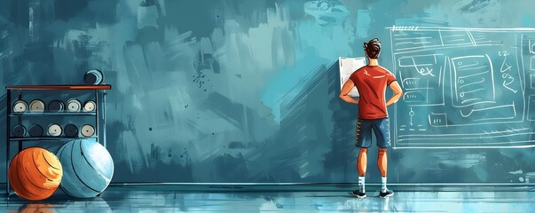 Fitness Trainer Updating Workout Plan with Anatomical on Wall