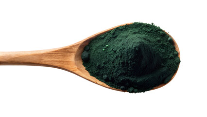 Organic Spirulina Powder in Wooden Spoon, Isolated on White Background