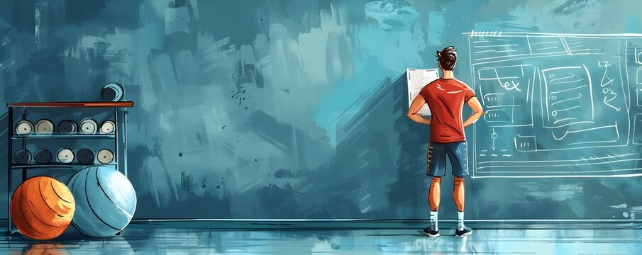 Fitness Trainer Updating Workout Plan with Anatomical on Wall