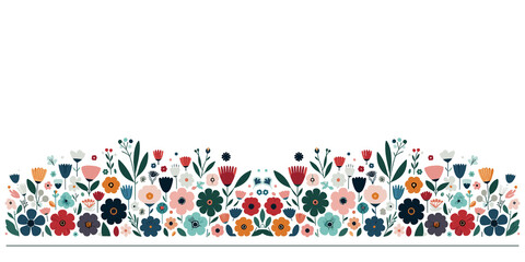 Horizontal seamless border with flowers and leaves, colorful summer floral backdrop, Vector, generative ai