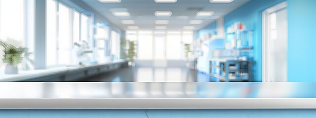 Empty tabletop counter in modern Hospital blurred background. Blur defocused interior of modern clinic. Abstract table desk among medical centre, laboratory, lab. Healthcare and medicine concept.