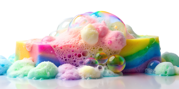 Colorful Bubbles and Soap Foam Isolated on White Background, Transparent Background, PNG
