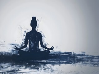 Obraz premium Serene Silhouette of Meditating Figure Reflecting on Still Waters of a Tranquil Lake in Minimalist Monochrome