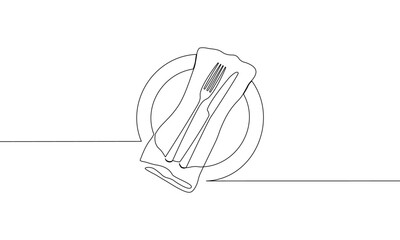 One continuous line drawing of dinnerware. Napkin, fork, plate and knife