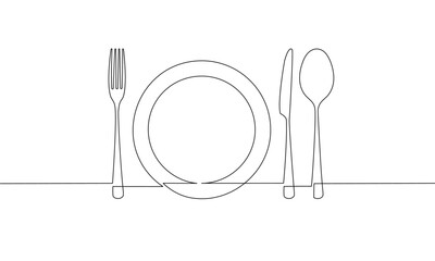 One continuous line drawing of dinnerware. Fork, plate, knife  and spoon.