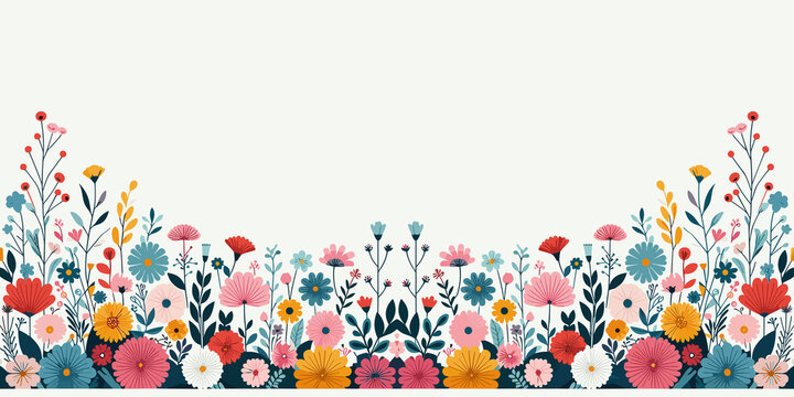 Floral border with flowers and leaves, decorative summer floral garden backdrop design, generative ai