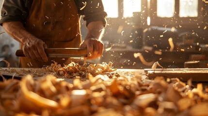 Carpenter at work in a sunlit workshop, wood shavings curl, closeup on hands and tools, warm tones, professional color grading, clean sharp,clean sharp focus, digital photography - obrazy, fototapety, plakaty