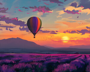 A colorful hot air balloon floats aimlessly above a field of lavender, with a distant mountain range silhouetted against the sunset