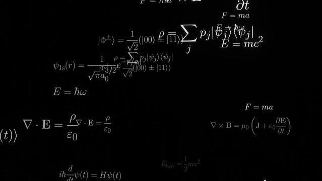 Physics formulas camera fly-through (endless loop). Equations of classical mechanics, quantum theory, classical electrodynamics, relativity theory. Mathematical symbols in high-quality typesetting.