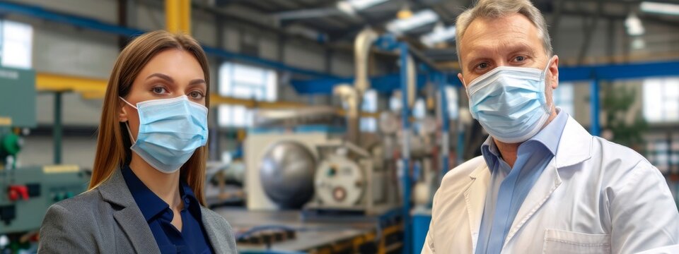 Factory manager with face protection mask visiting production line and discussing with worker about efficiency or production deadline Industrial health measures during corona virus pandemic