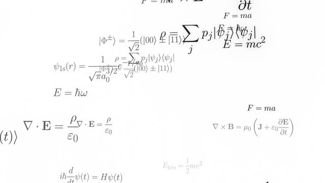 Physics formulas camera fly-through (endless loop). Equations of classical mechanics, quantum theory, classical electrodynamics, relativity theory. Mathematical symbols in high-quality typesetting.