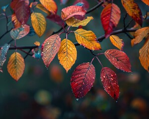 Branch heavy with autumn leaves, closeup, change, cycles of nature, colorful farewell, professional color grading, clean sharp,clean sharp focus, digital photography - obrazy, fototapety, plakaty