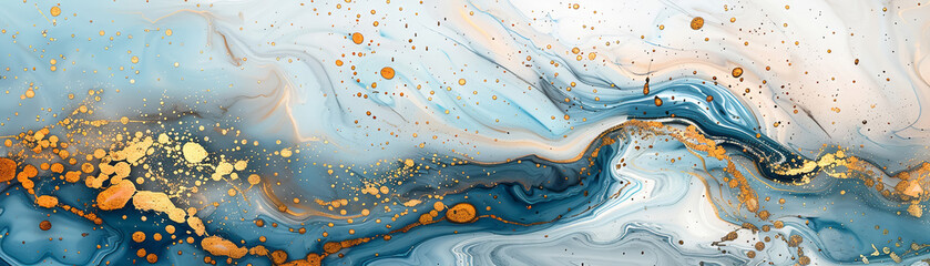 A white, blue and gold marble pattern with golden swirls and splashes of paint in the style of various artists, minimalist background