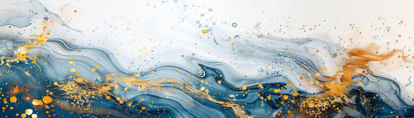 A white, blue and gold marble pattern with golden swirls and splashes of paint in the style of various artists, minimalist background - obrazy, fototapety, plakaty
