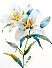 Watercolor painting of white lily with blue leaves on white background