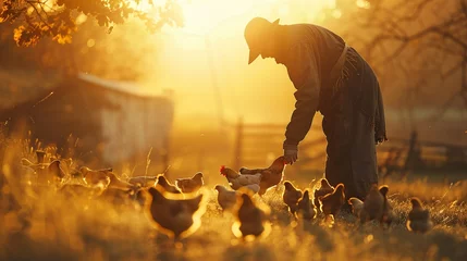 Foto op Plexiglas A farmer at dawn, feeding chickens in the golden light  serene, heartwarming, eye level, professional color grading, clean sharp,clean sharp focus, digital photography © Jariya