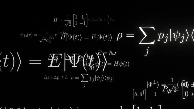 Quantum physics formulas camera fly-through (endless loop). Equations of quantum physics, quantum field theory, quantum information. Mathematical symbols in high-quality typesetting.