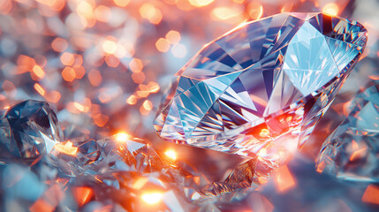 diamond texture closeup and kaleidoscope. top view of round gemstone 3d render, 3d illustration.