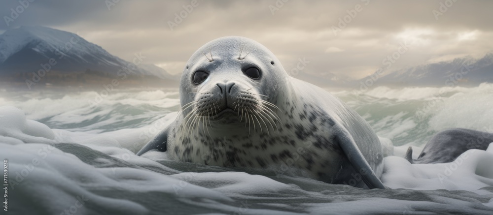 Wall mural A Bearded Seal, a type of Earless seal, is swimming in the water and looking at the camera with its carnivorous eyes, whiskers, and snout as a marine mammal